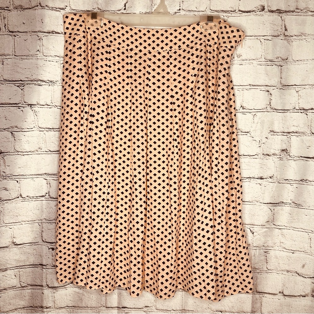 Talbots Pink Pleated Skirt 12 XL Plus Black Squares/Diamonds Zip Lined Flowy